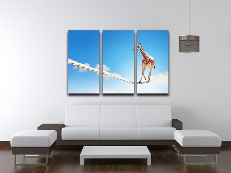 Image of giraffe walking on rope high in sky 3 Split Panel Canvas Print - Canvas Art Rocks - 3