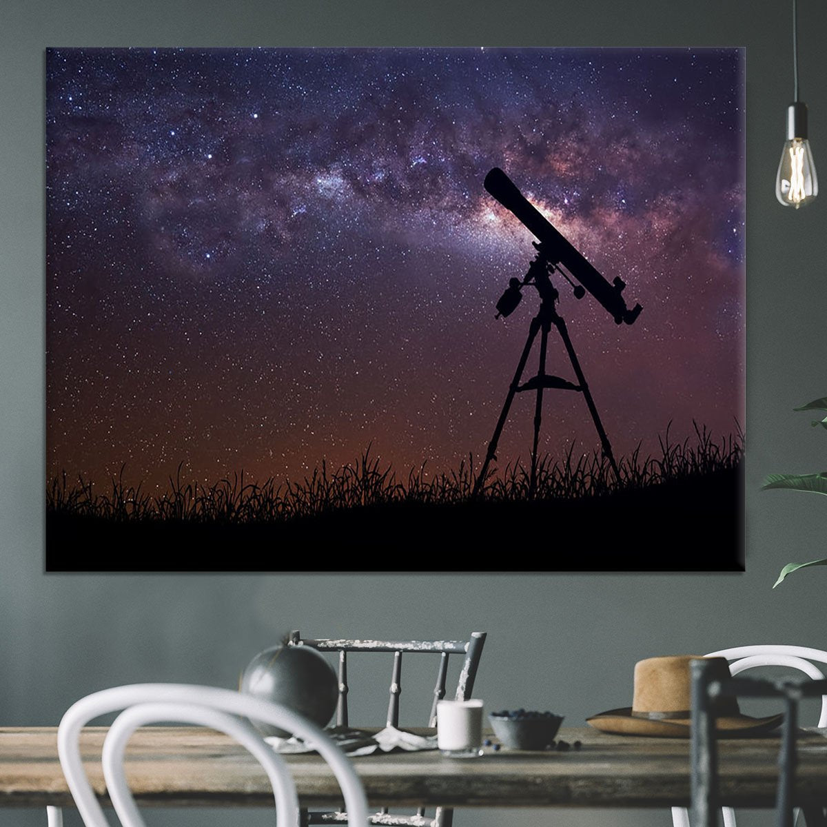 Infinite space background with silhouette of telescope Canvas Print or Poster