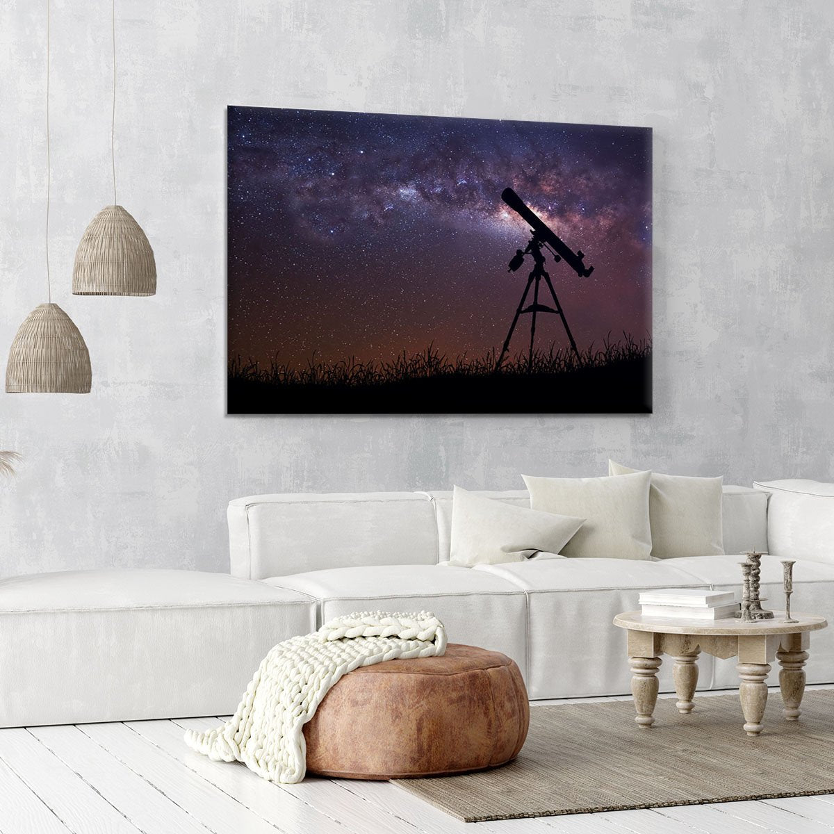 Infinite space background with silhouette of telescope Canvas Print or Poster
