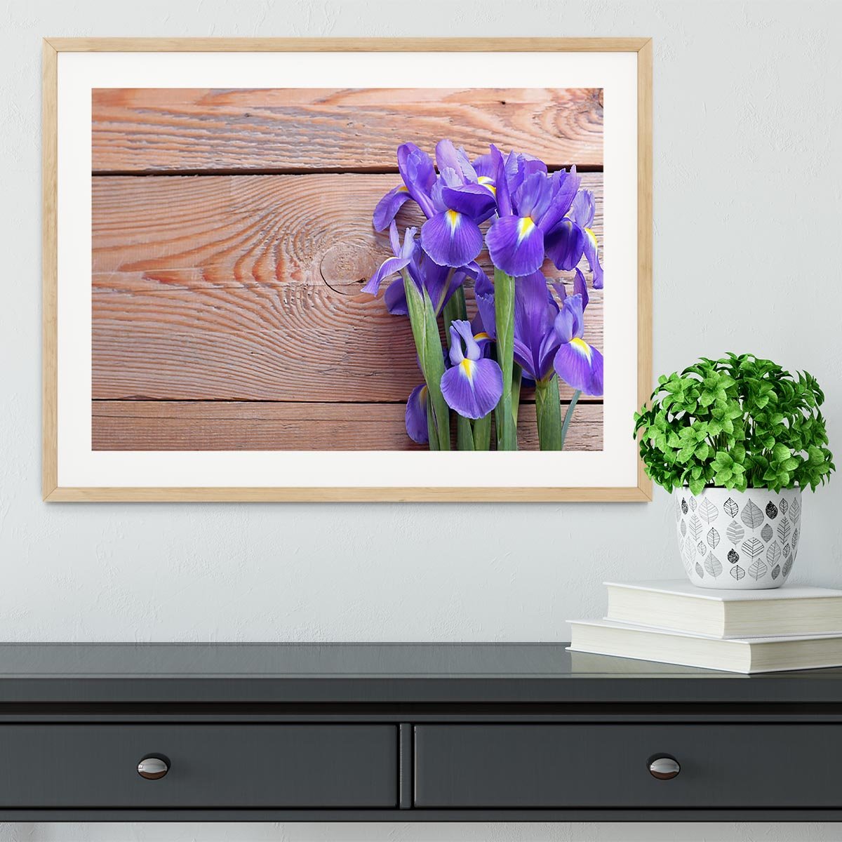 Iris on an old wooden background Framed Print - Canvas Art Rocks - 3