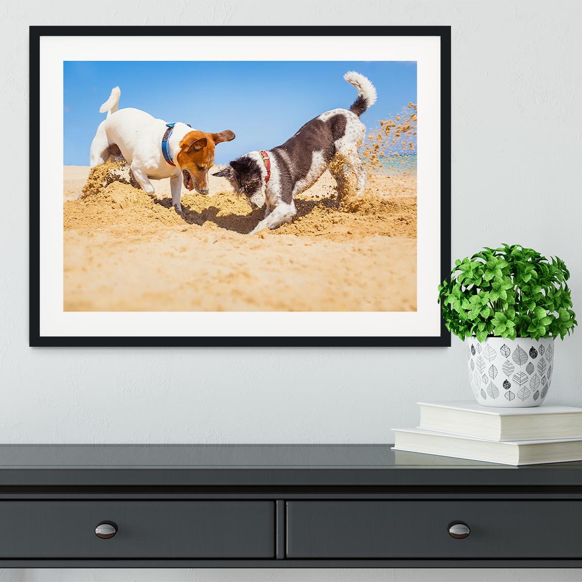 Jack russell couple of dogs digging a hole Framed Print - Canvas Art Rocks - 1