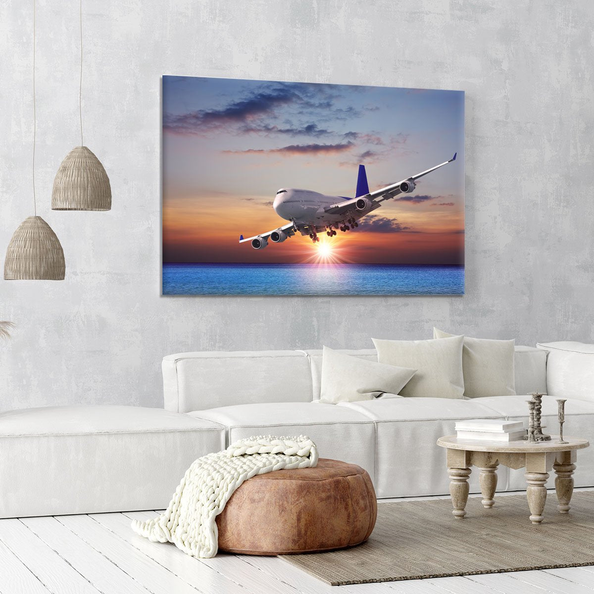 Jet liner over the sea at dusk Canvas Print or Poster