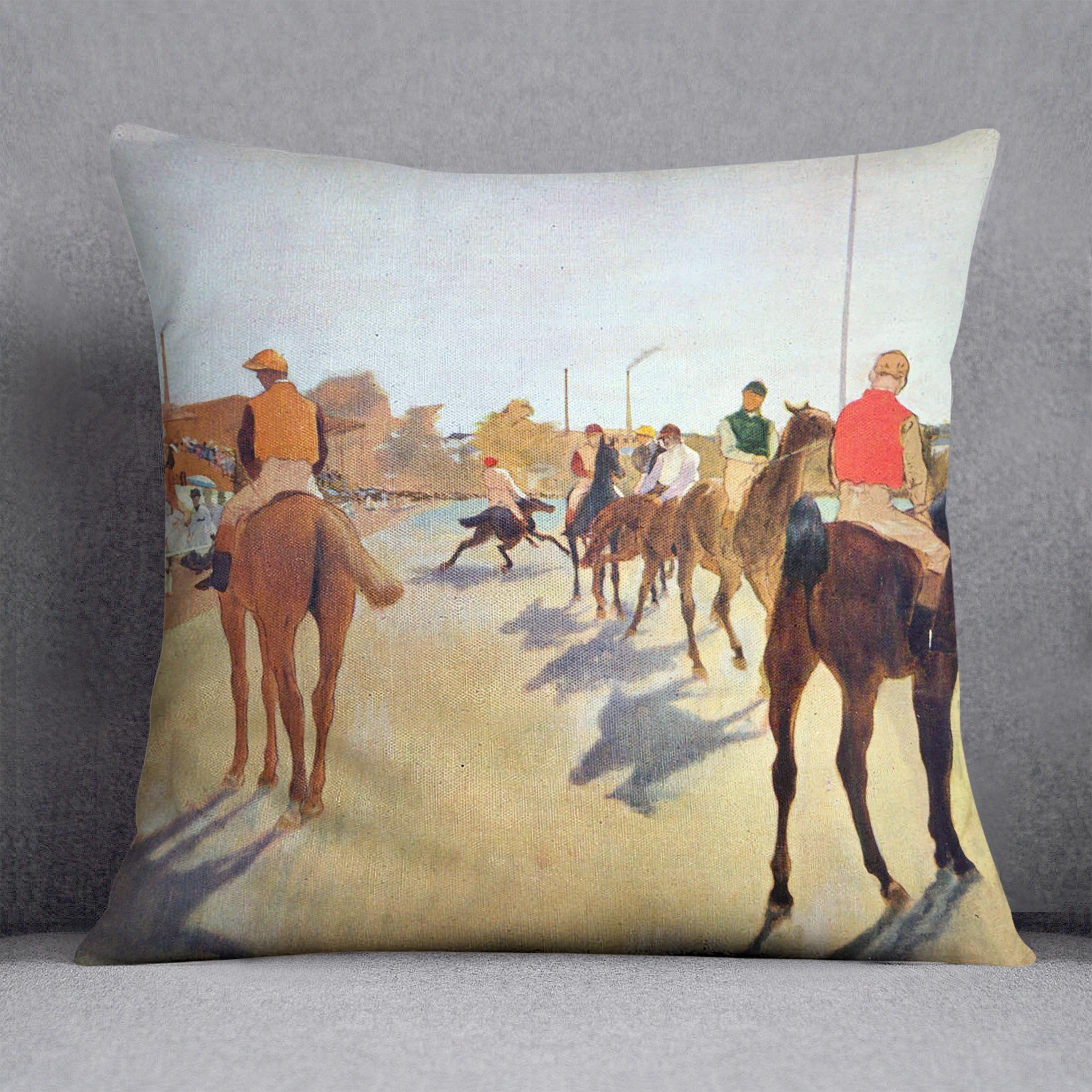 Jockeys in front of the grandstand by Degas Cushion