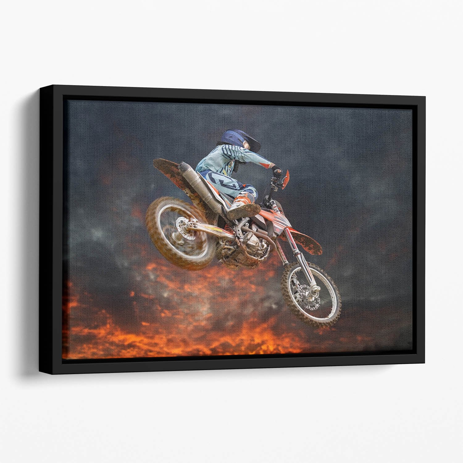 Jumping motocross rider Floating Framed Canvas
