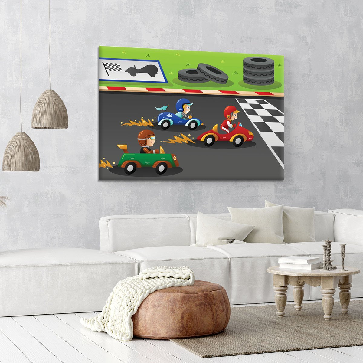Kids in a car racing Canvas Print or Poster