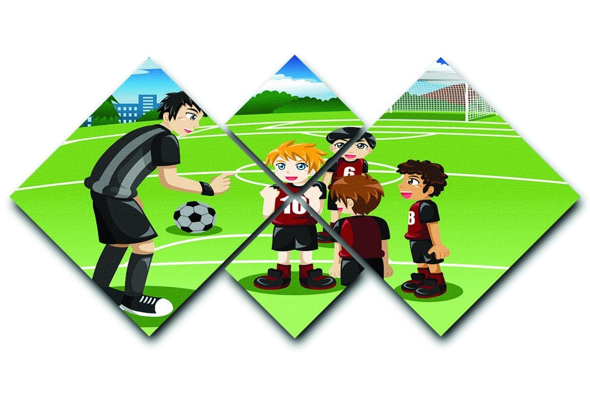 Kids in soccer field listening to their coach 4 Square Multi Panel Canvas  - Canvas Art Rocks - 1