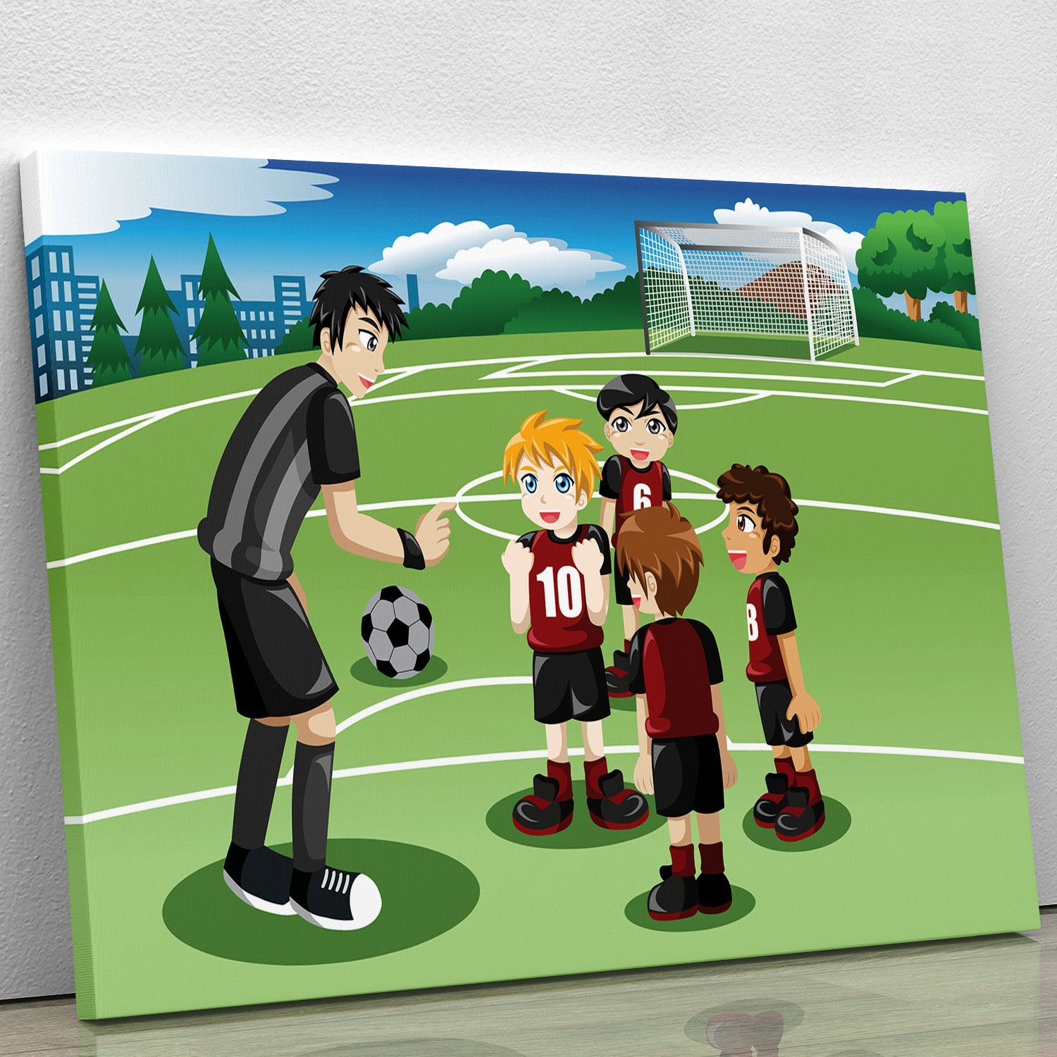Kids in soccer field listening to their coach Canvas Print or Poster