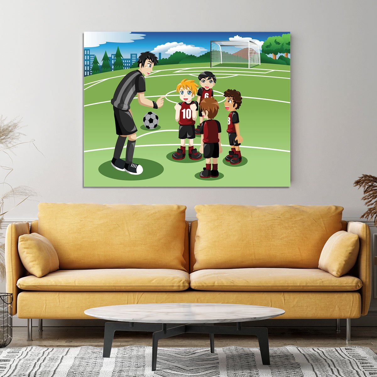 Kids in soccer field listening to their coach Canvas Print or Poster