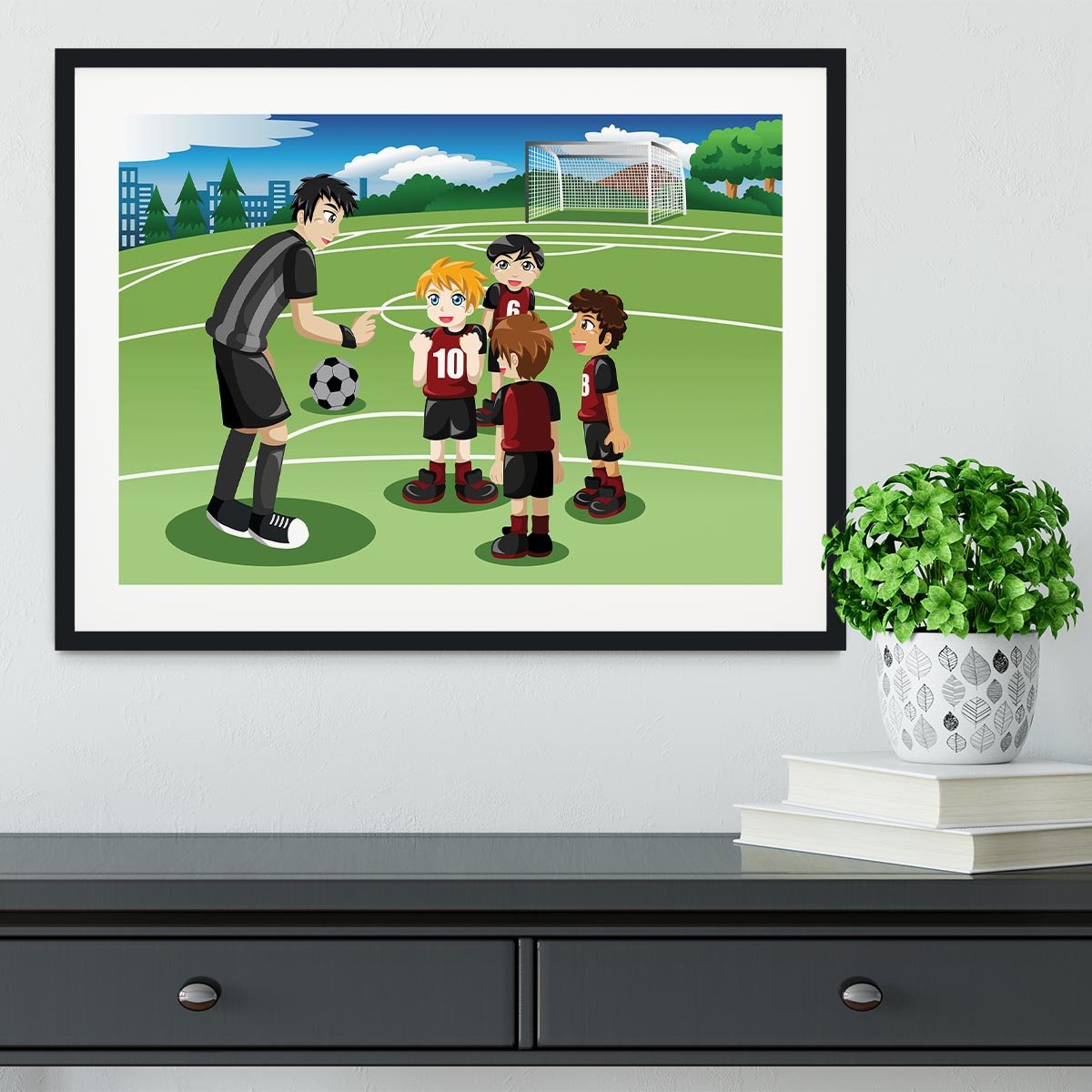Kids in soccer field listening to their coach Framed Print - Canvas Art Rocks - 1
