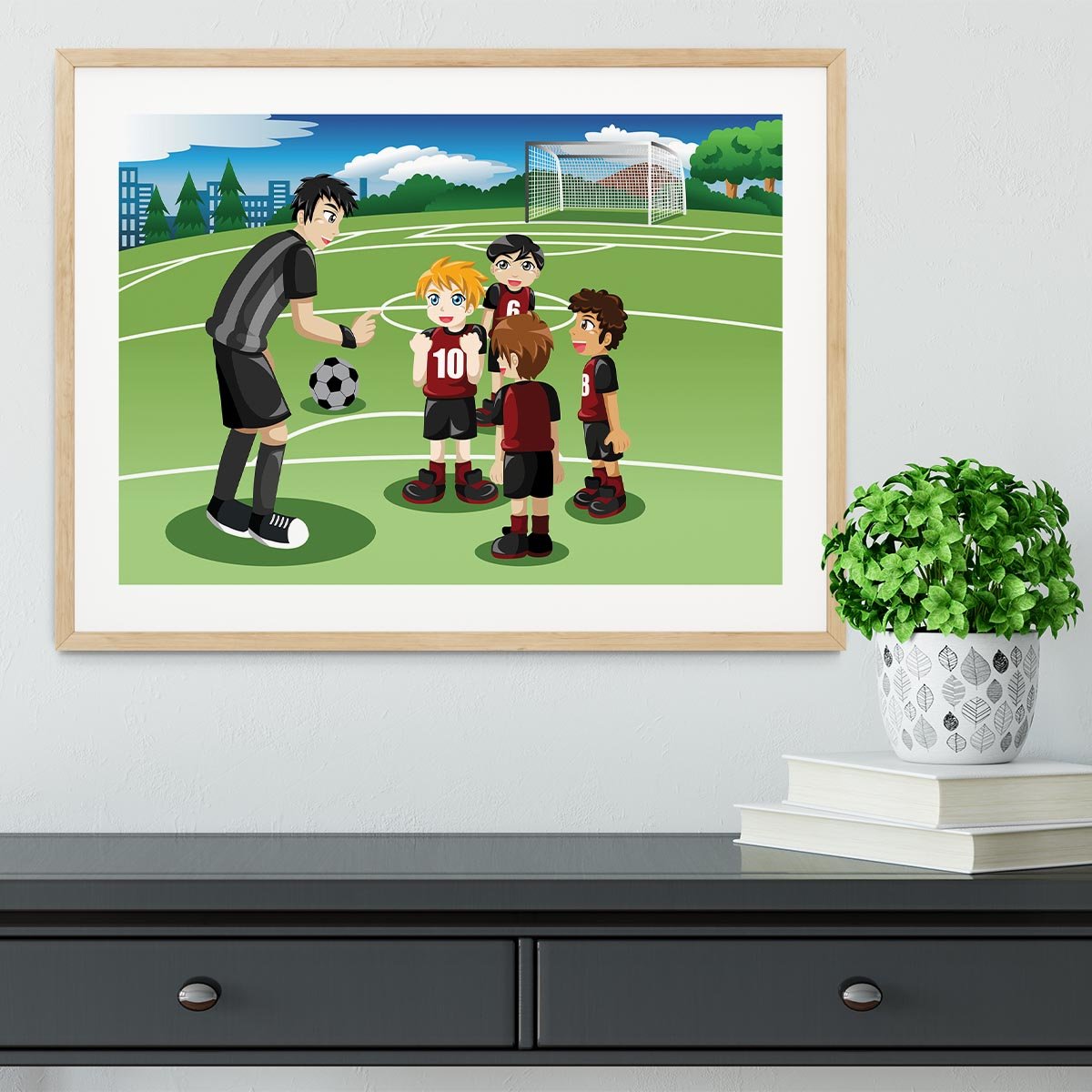 Kids in soccer field listening to their coach Framed Print - Canvas Art Rocks - 3