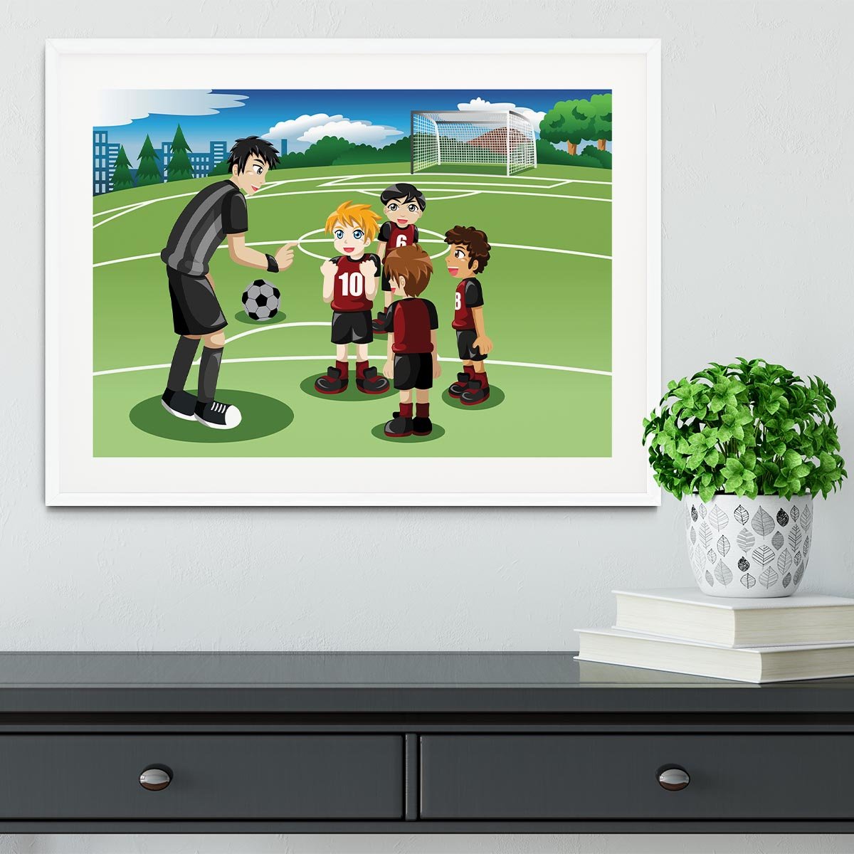Kids in soccer field listening to their coach Framed Print - Canvas Art Rocks - 5