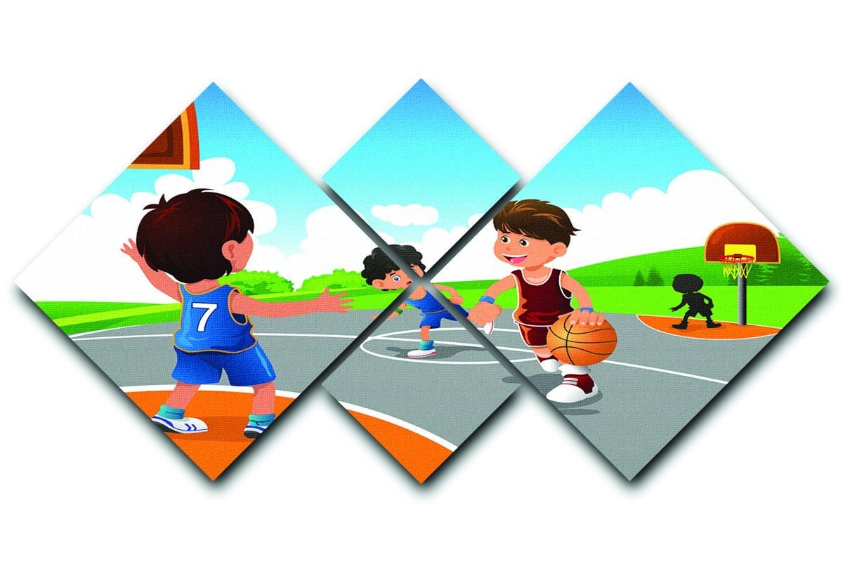 Kids playing basketball in a playground 4 Square Multi Panel Canvas  - Canvas Art Rocks - 1