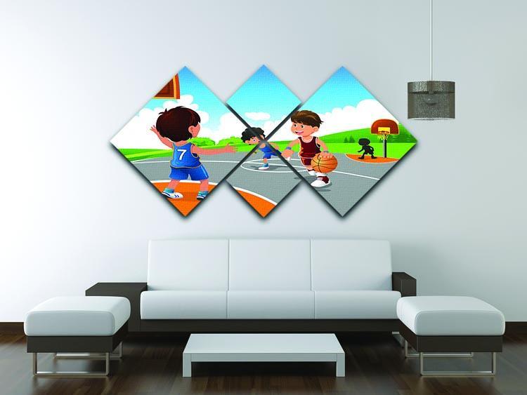 Kids playing basketball in a playground 4 Square Multi Panel Canvas - Canvas Art Rocks - 3