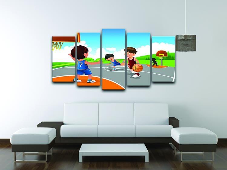 Kids playing basketball in a playground 5 Split Panel Canvas - Canvas Art Rocks - 3