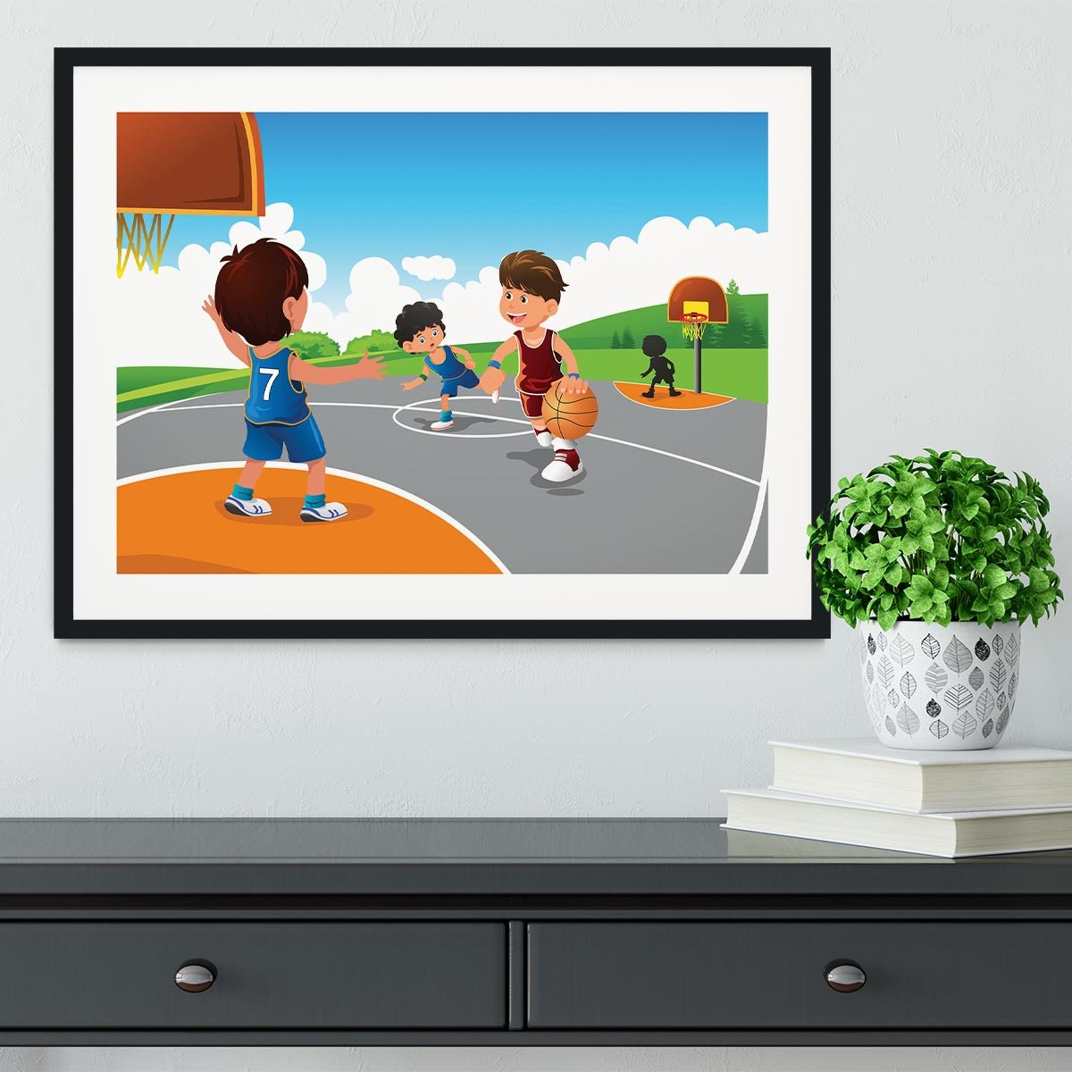 Kids playing basketball in a playground Framed Print - Canvas Art Rocks - 1