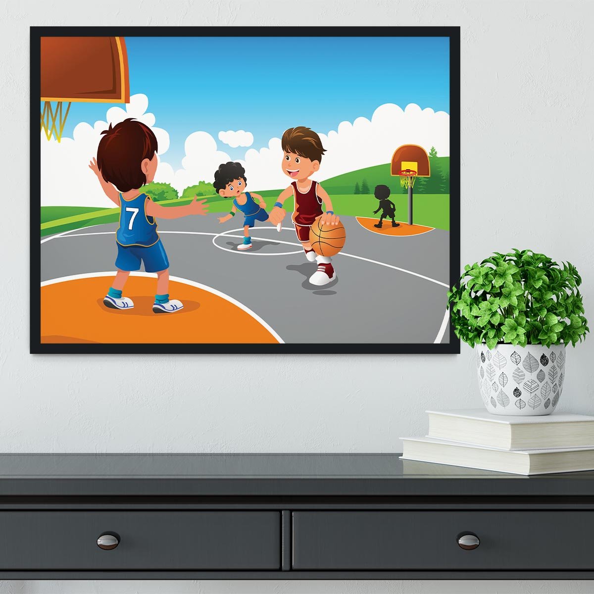 Kids playing basketball in a playground Framed Print - Canvas Art Rocks - 2
