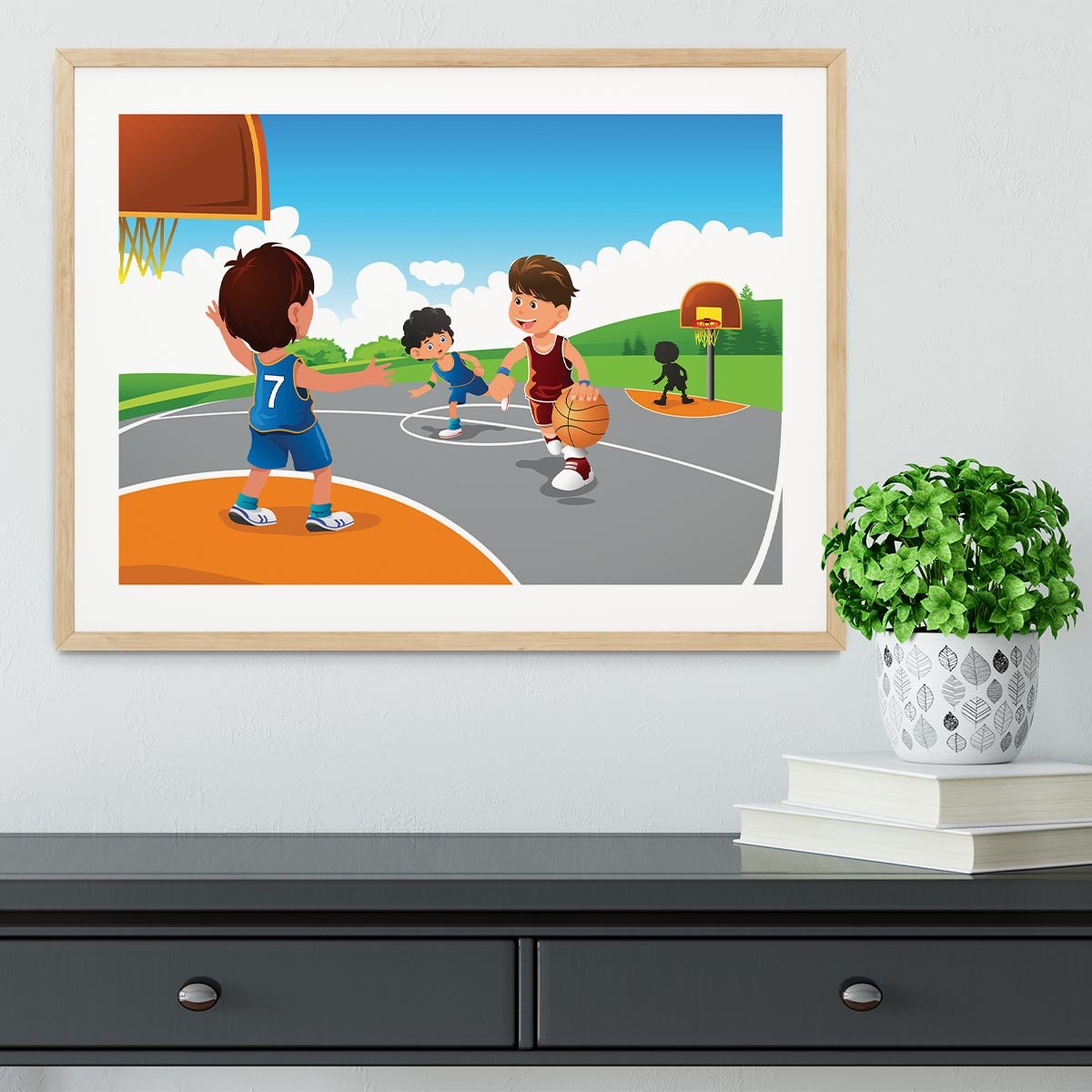 Kids playing basketball in a playground Framed Print - Canvas Art Rocks - 3