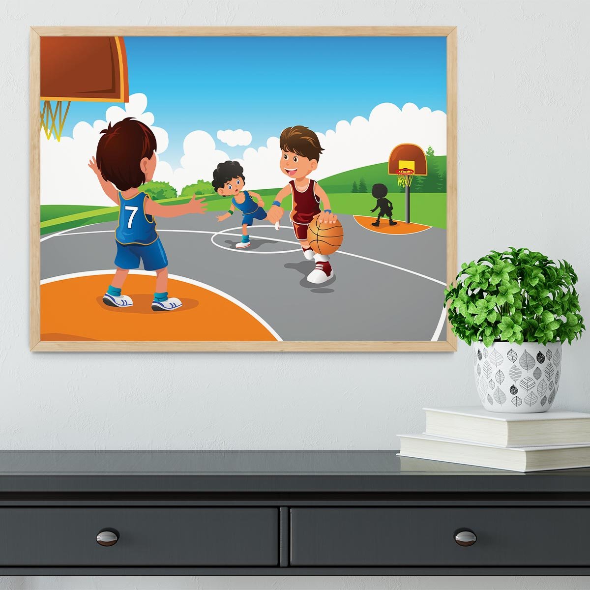 Kids playing basketball in a playground Framed Print - Canvas Art Rocks - 4