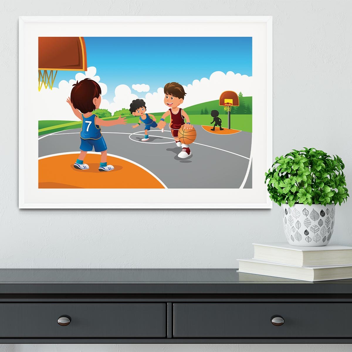 Kids playing basketball in a playground Framed Print - Canvas Art Rocks - 5