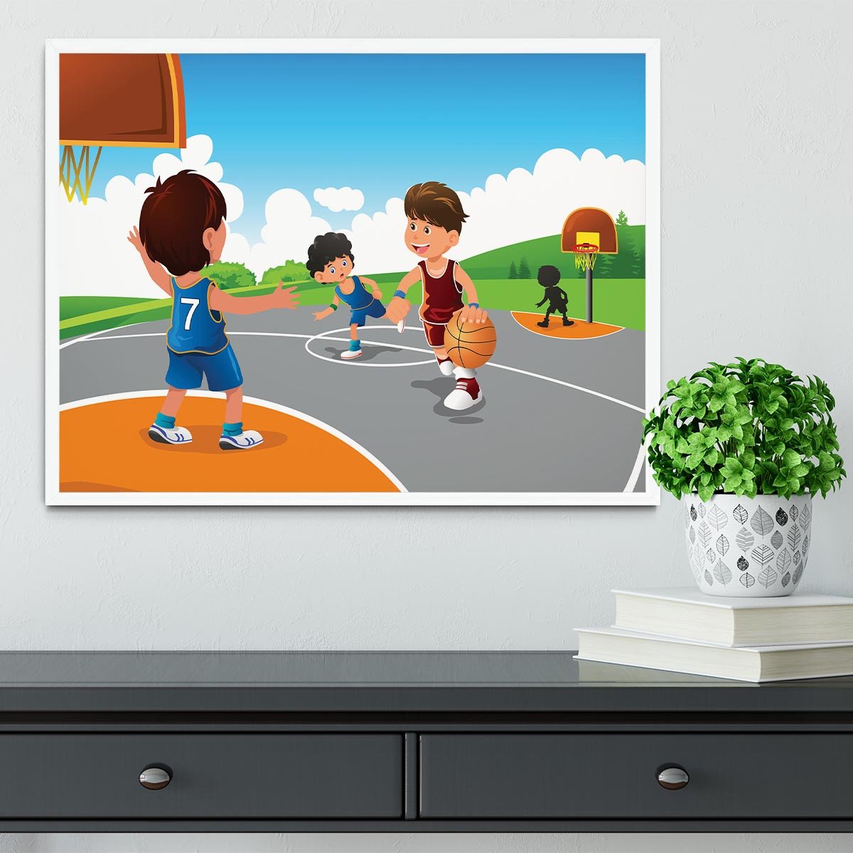 Kids playing basketball in a playground Framed Print - Canvas Art Rocks -6