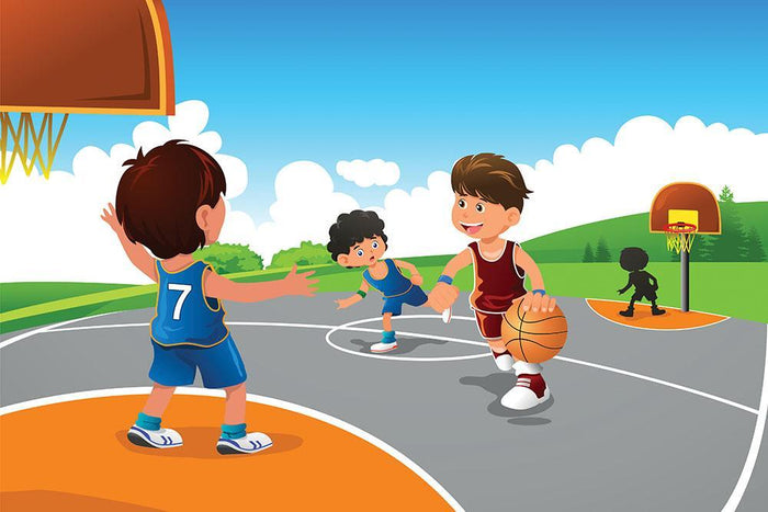 Kids playing basketball in a playground Wall Mural Wallpaper