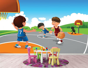 Kids playing basketball in a playground Wall Mural Wallpaper - Canvas Art Rocks - 2