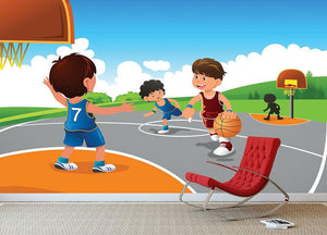 Kids playing basketball in a playground Wall Mural Wallpaper - Canvas Art Rocks - 3