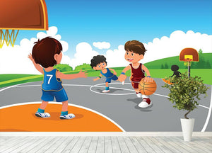 Kids playing basketball in a playground Wall Mural Wallpaper - Canvas Art Rocks - 4