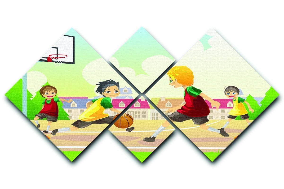 Kids playing basketball in the suburban area 4 Square Multi Panel Canvas  - Canvas Art Rocks - 1