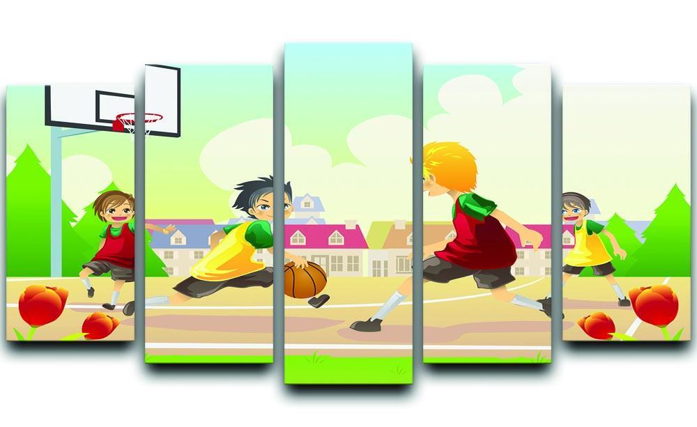 Kids playing basketball in the suburban area 5 Split Panel Canvas  - Canvas Art Rocks - 1