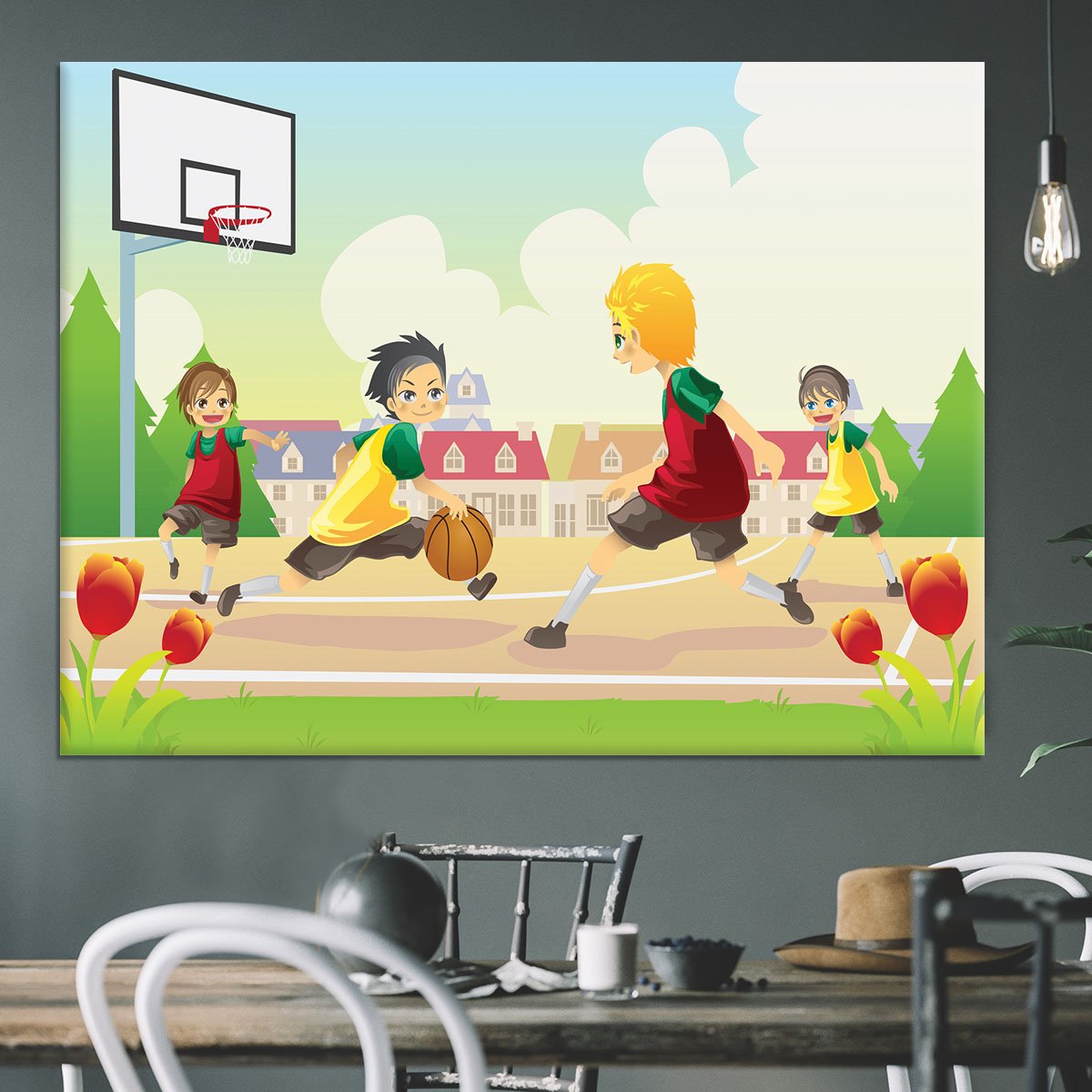 Kids playing basketball in the suburban area Canvas Print or Poster