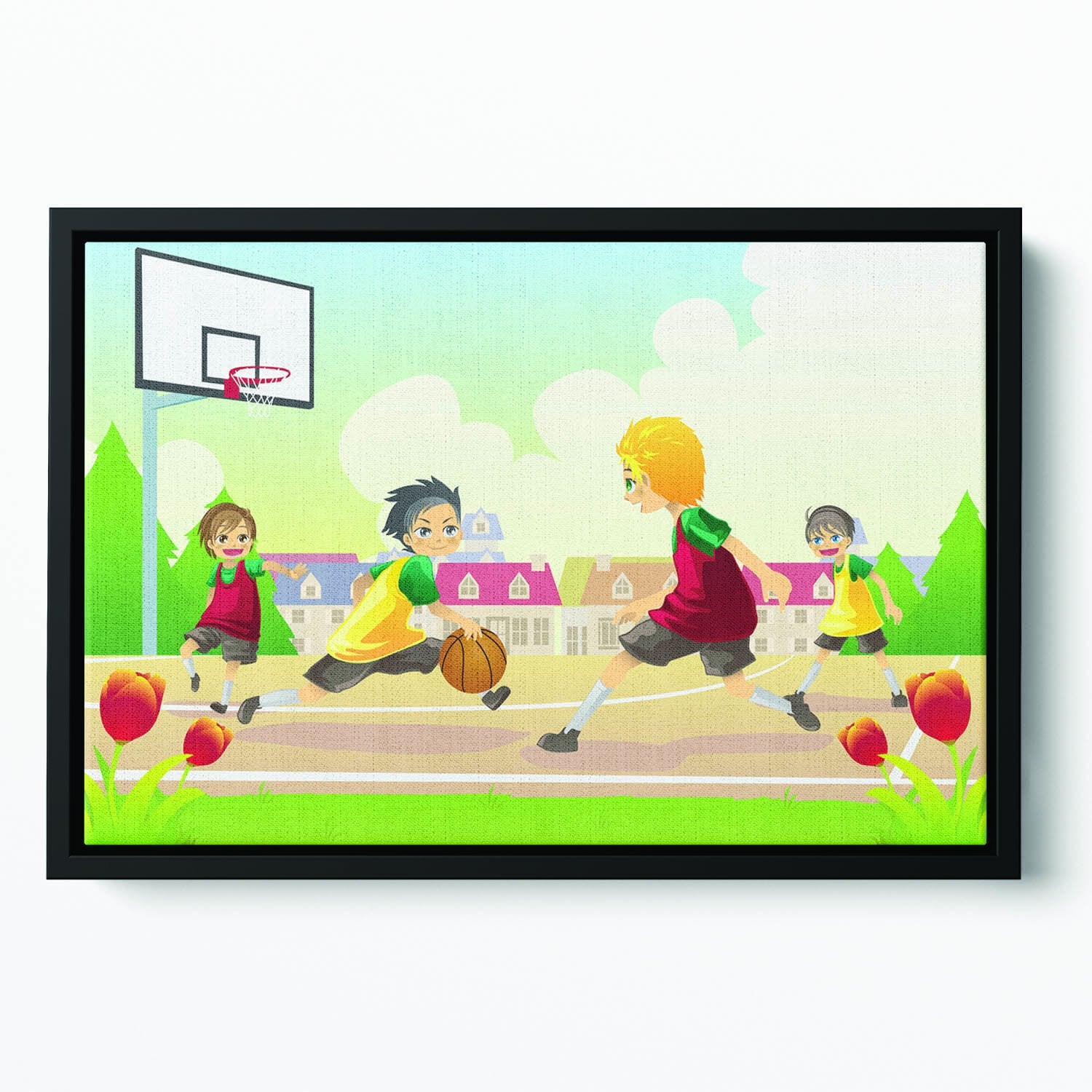 Kids playing basketball in the suburban area Floating Framed Canvas