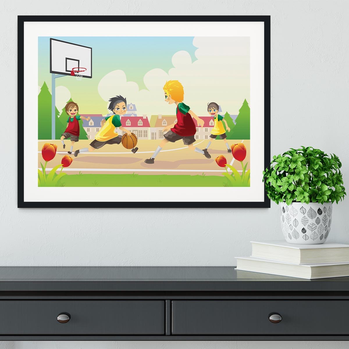 Kids playing basketball in the suburban area Framed Print - Canvas Art Rocks - 1