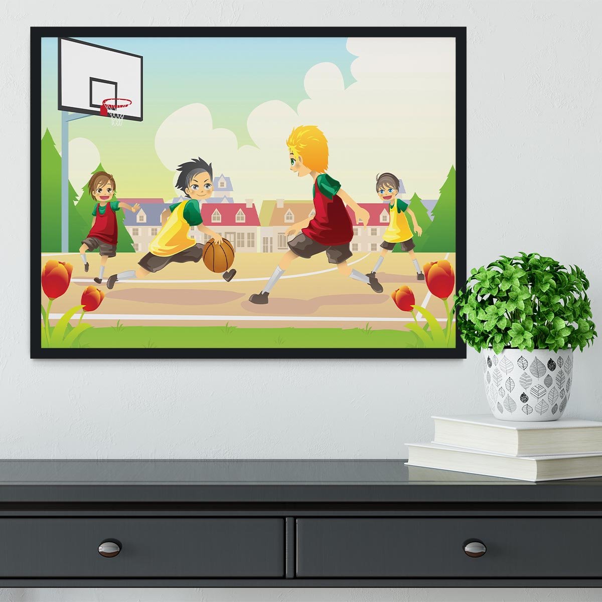 Kids playing basketball in the suburban area Framed Print - Canvas Art Rocks - 2