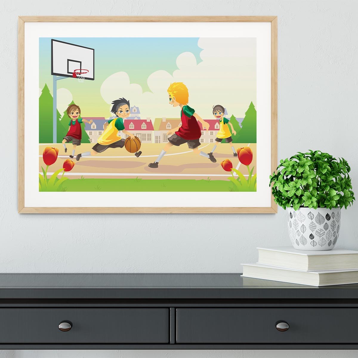 Kids playing basketball in the suburban area Framed Print - Canvas Art Rocks - 3