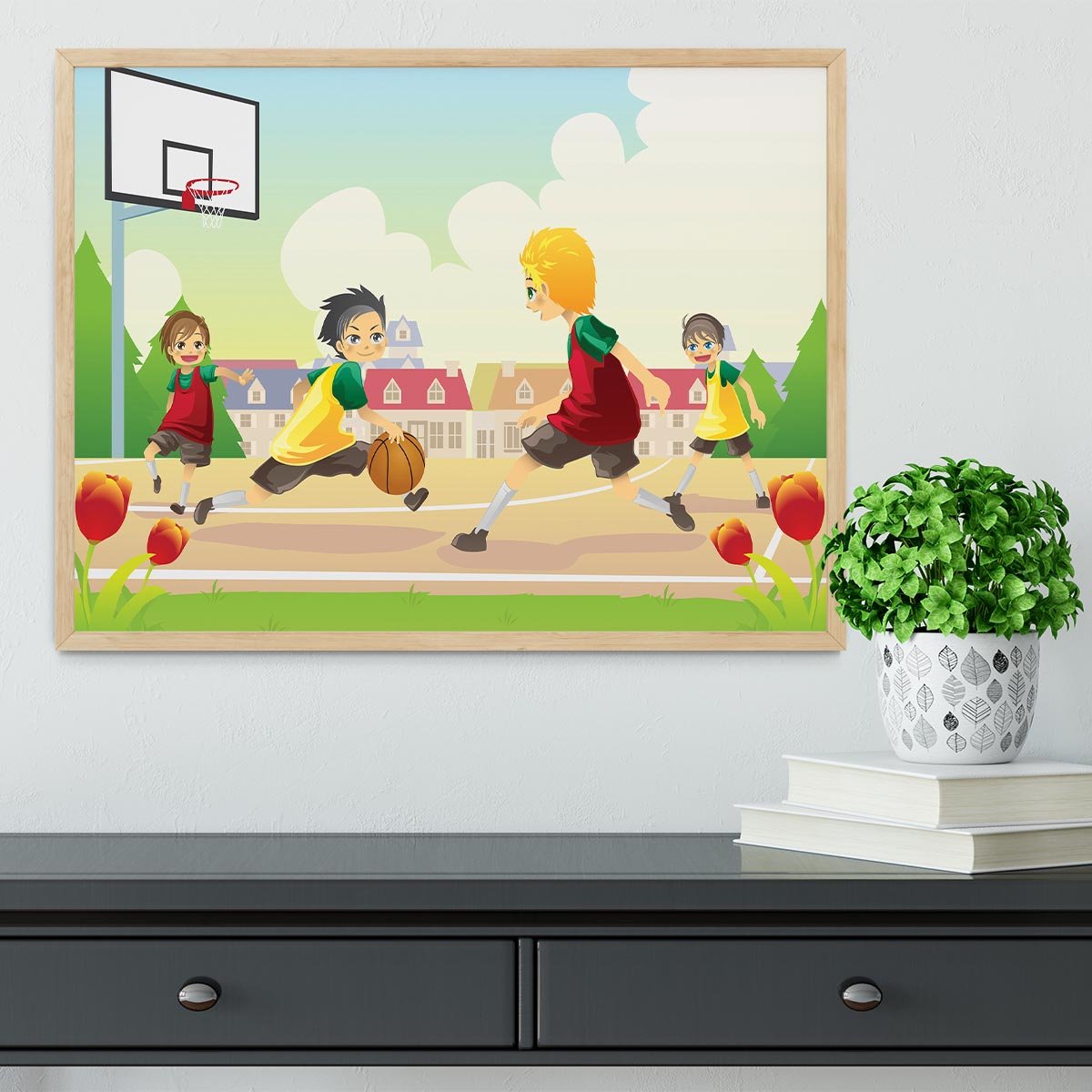 Kids playing basketball in the suburban area Framed Print - Canvas Art Rocks - 4