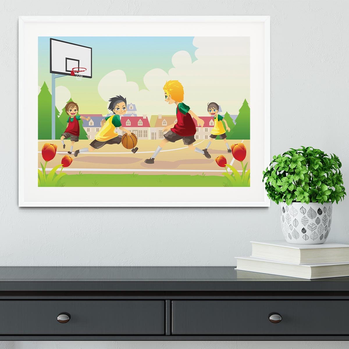 Kids playing basketball in the suburban area Framed Print - Canvas Art Rocks - 5