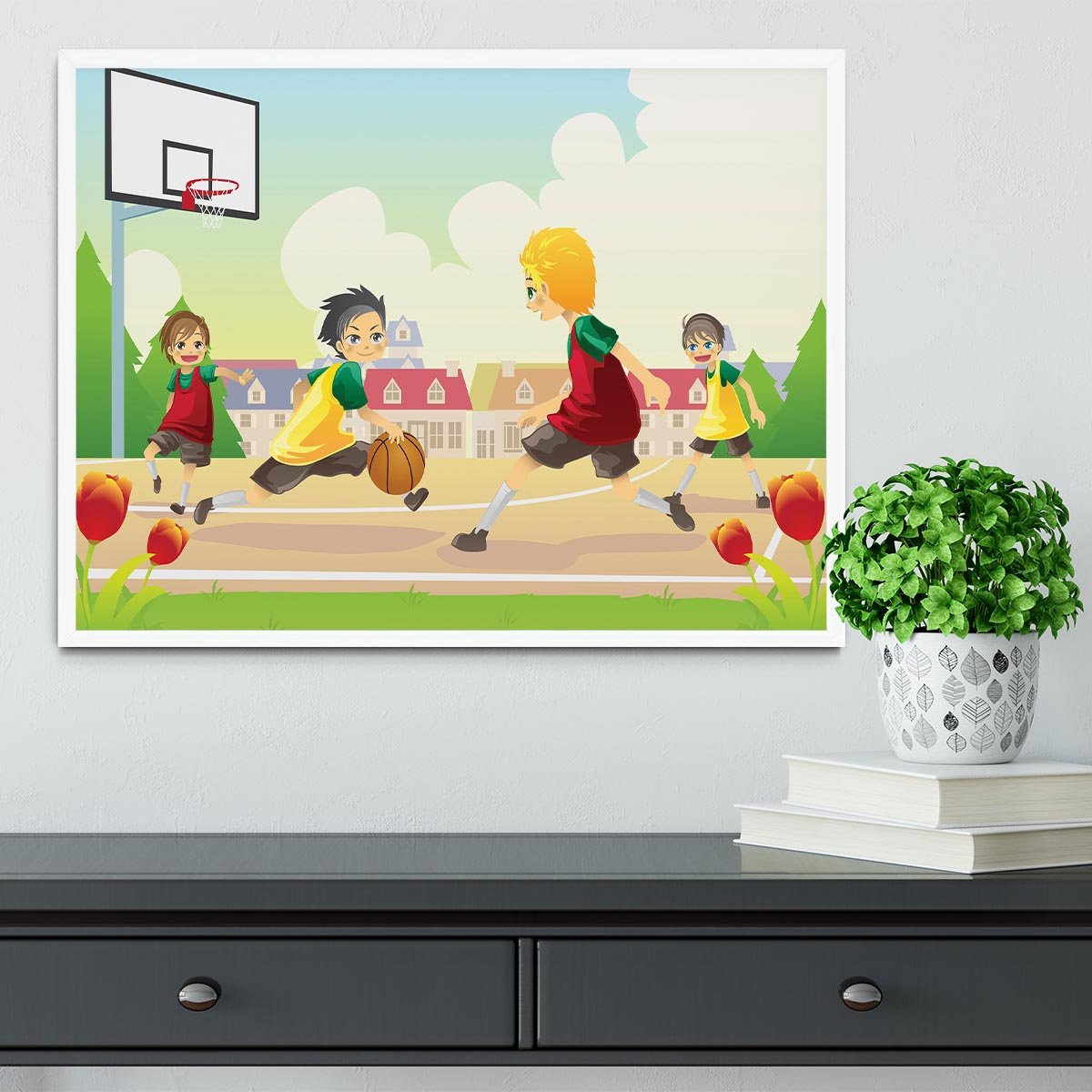 Kids playing basketball in the suburban area Framed Print - Canvas Art Rocks -6