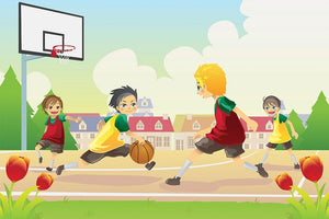 Kids playing basketball in the suburban area Wall Mural Wallpaper - Canvas Art Rocks - 1