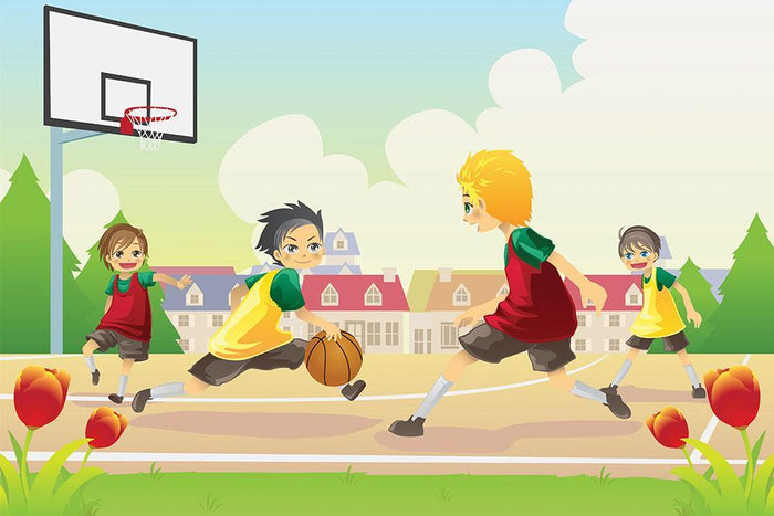 Kids playing basketball in the suburban area Wall Mural Wallpaper