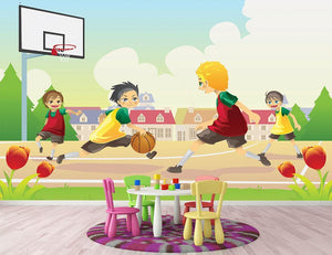 Kids playing basketball in the suburban area Wall Mural Wallpaper - Canvas Art Rocks - 2