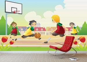 Kids playing basketball in the suburban area Wall Mural Wallpaper - Canvas Art Rocks - 3
