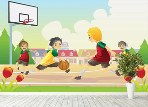 Kids playing basketball in the suburban area Wall Mural Wallpaper - Canvas Art Rocks - 4