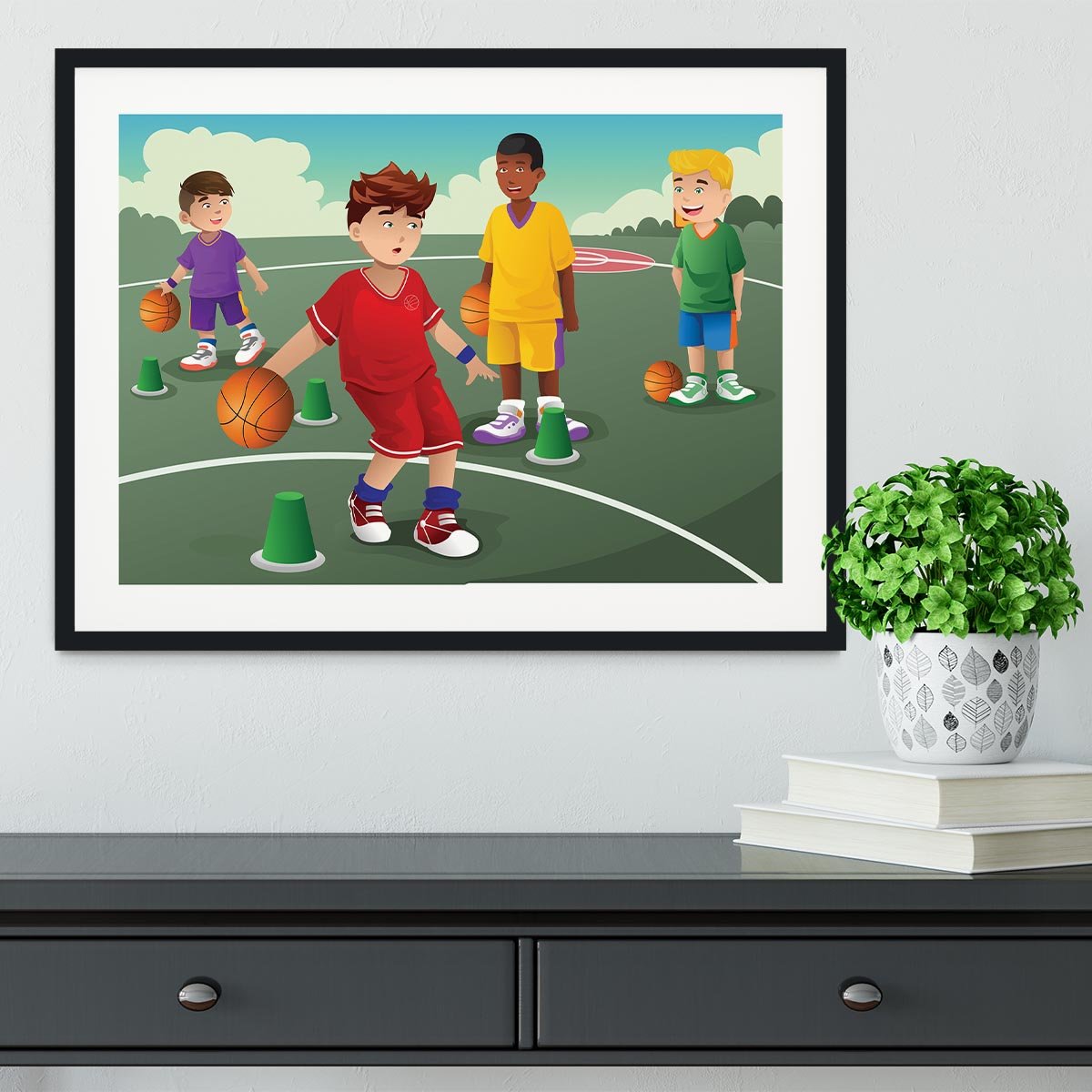 Kids practicing basketball Framed Print - Canvas Art Rocks - 1