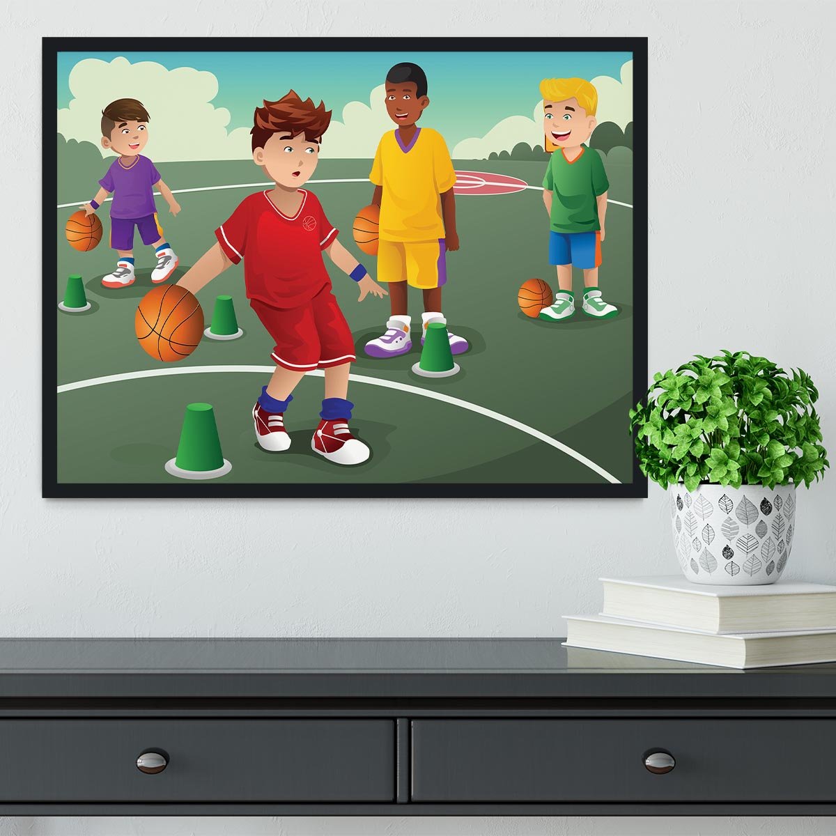 Kids practicing basketball Framed Print - Canvas Art Rocks - 2