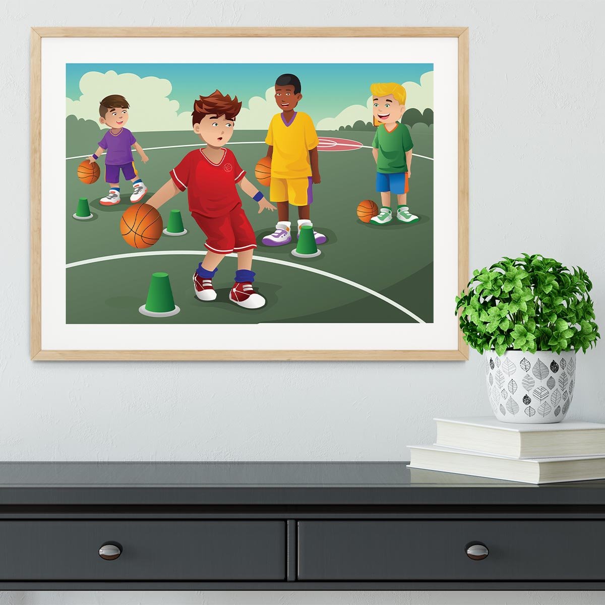 Kids practicing basketball Framed Print - Canvas Art Rocks - 3