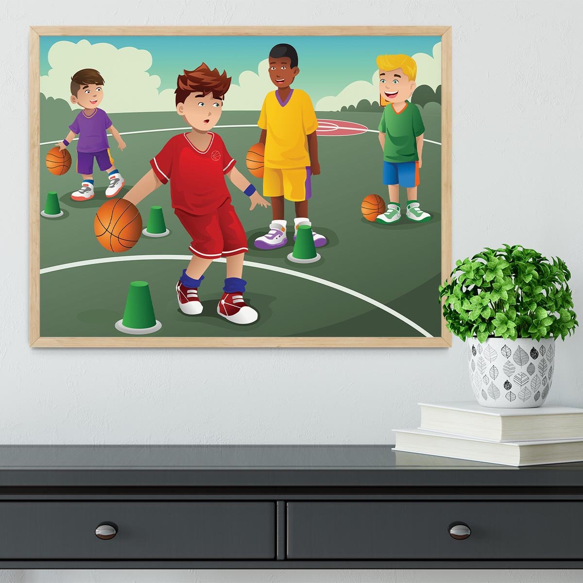 Kids practicing basketball Framed Print - Canvas Art Rocks - 4