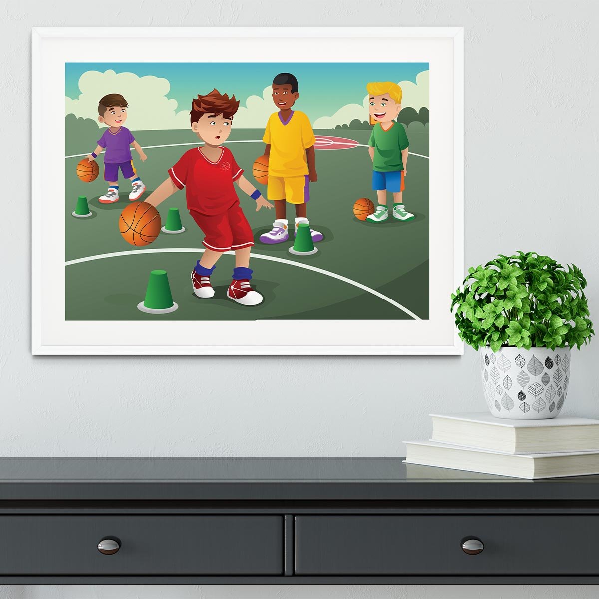 Kids practicing basketball Framed Print - Canvas Art Rocks - 5