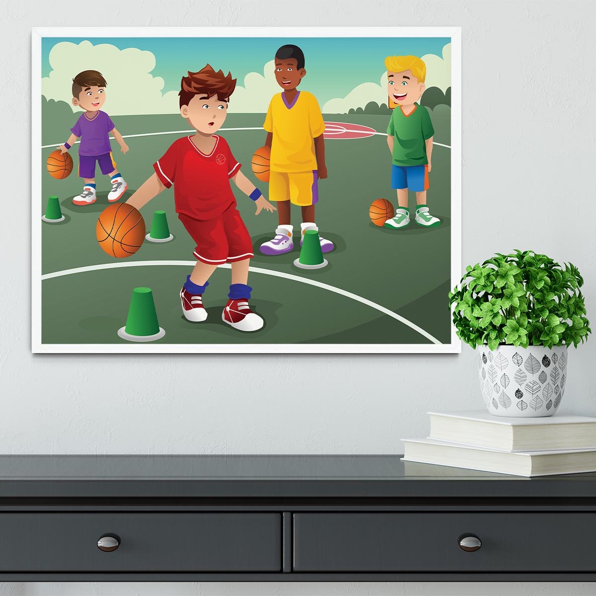 Kids practicing basketball Framed Print - Canvas Art Rocks -6