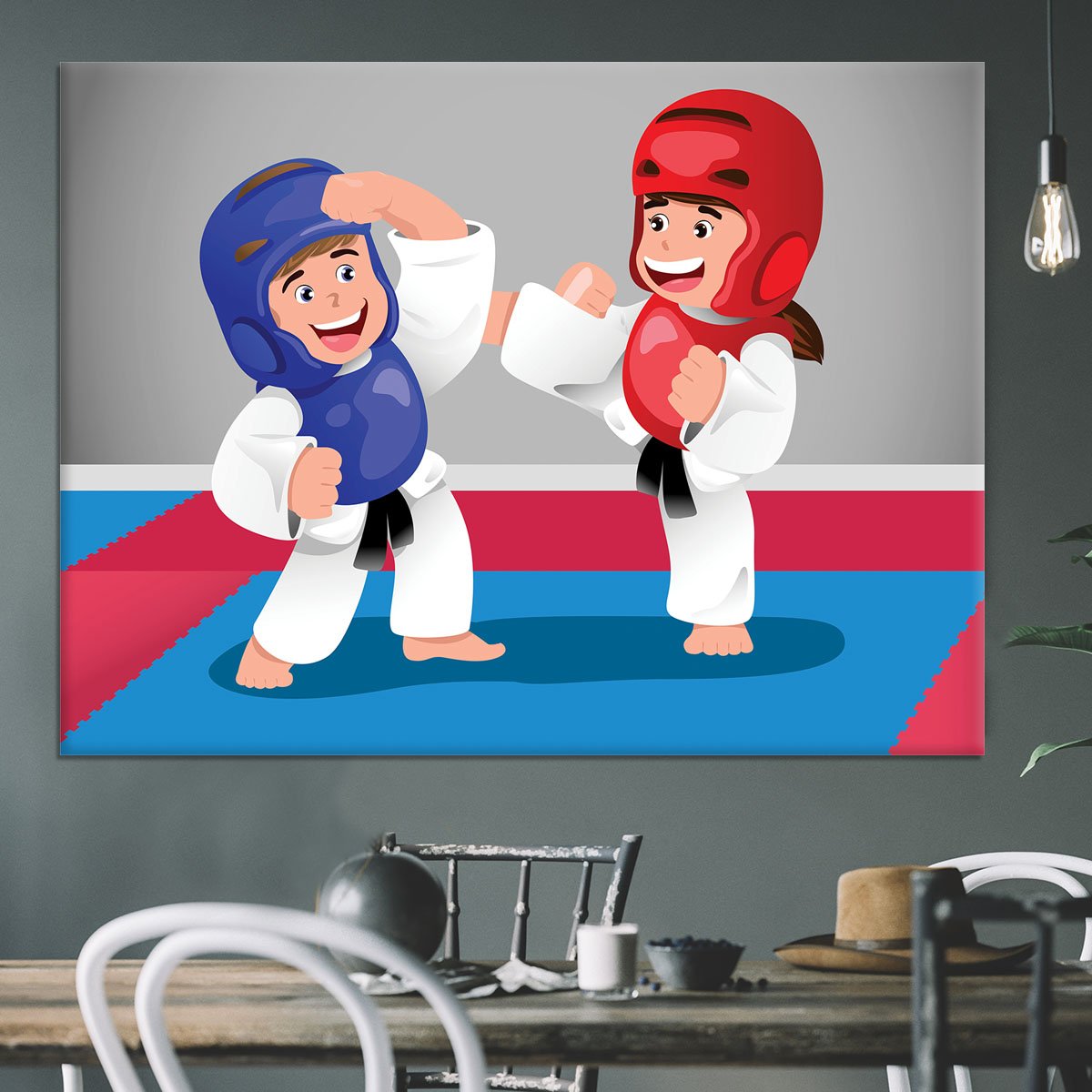 Kids practicing taekwondo in a dojo Canvas Print or Poster